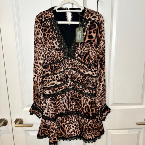 ALLSAINTS - NWT- Zora Evita Lace Trim Printed Dress Leopard Mini | 12 - Picture 2 of 15
